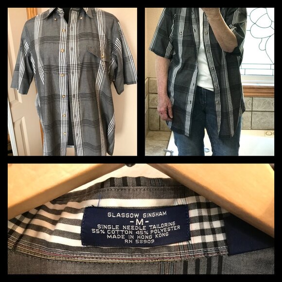 Roundtree & Yorke Striped Button-Down Shirt: Vintage 80s Gray Black Plaid Size M - Picture 9 of 9